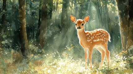 A serene scene of a fawn standing in a sunlit forest, surrounded by trees and soft greenery
