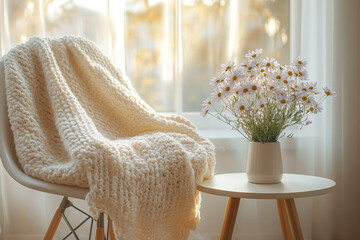 Cozy reading nook with a soft knitted blanket draped over a modern chair, complemented by a vase of fresh daisies on a wooden table near a sunlit window