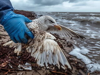 A polluted seagull covered in oil lies on a contaminated beach, struggling to move. A rescuer  blue protective gloves carefully handles the bird, highlighting the impact of environmental disasters.