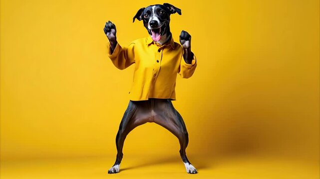 playful dancing dog wearing a yellow jacket, standing on legs and looking excited. yellow background. fun energetic vibe. perfect for pet fashion brands, accessories, and dog-friendly businesses 4K.