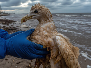 A polluted seagull covered in oil is on a contaminated beach, struggling to move. A rescuer wearing protective gloves carefully handles the bird, highlighting the impact of environmental disasters. 