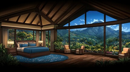 Fototapeta premium Mountain View Bedroom Luxurious Tropical Getaway