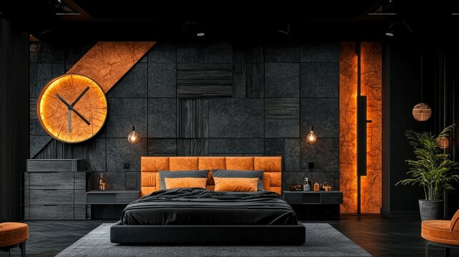 Modern Dark Bedroom Interior Design With Orange Accents