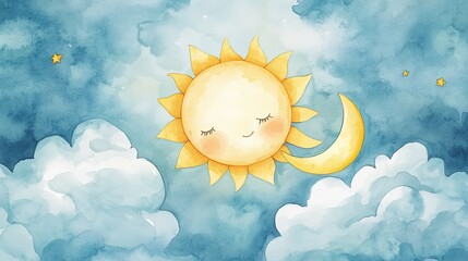 Cheerful cartoon-style sun and moon with soft clouds A bright, happy sun and a glowing crescent moon peeking through fluffy watercolor clouds.