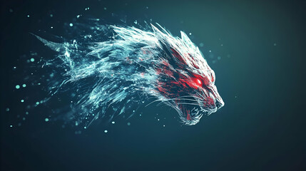 Abstract digital art of a wolf's head, futuristic style, with particles effects.  Possible use in a digital art portfolio