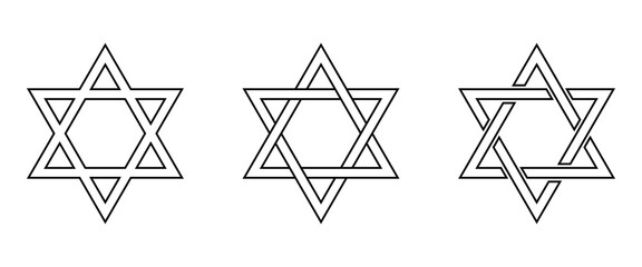 Star of David vector icon set. Jewish religious symbol. Black outline isolated on white background.