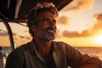 Fisherman in linen outfit enjoying golden sunset from luxury yacht. Generative AI
