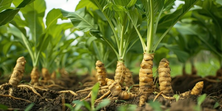 This close-up highlights a turmeric plant thriving in its natural habitat. Debuting lush green leaves above and sturdy roots below the image reflects its healthy growth in the field
