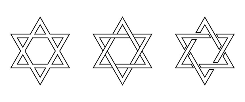 Star of David vector icon set. Jewish religious symbol. Black outline isolated on white background.