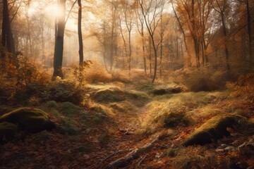Stunning golden hour in an autumn forest  warm glow on vibrant foliage with soft focus depth