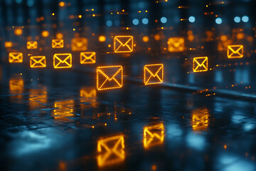 Futuristic digital illustration of a laptop with glowing email envelopes flying out, symbolizing fast communication, email marketing, digital messaging, and online connectivity.

