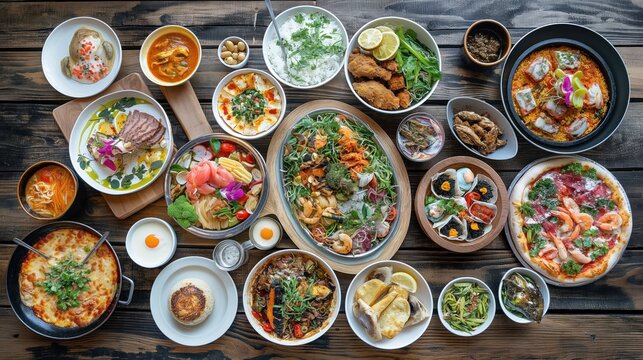 A large wooden table hosts an eclectic mix of international dishes including sushi pizza and paella each beautifully displayed. The inviting spread celebrates diverse culinary traditions