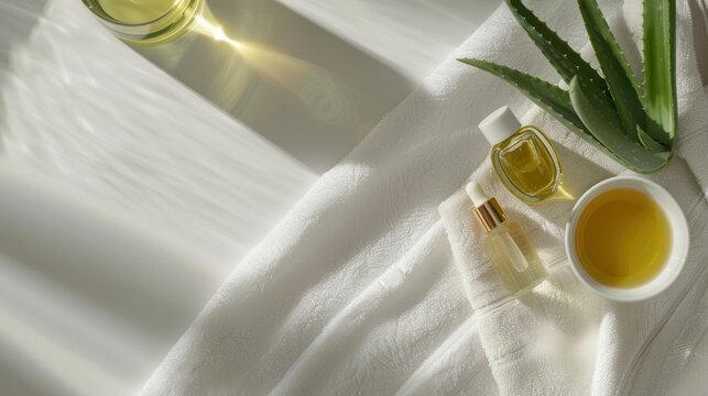 An organized layout featuring waxing supplies fresh aloe vera and soothing oil placed on a soft white towel providing a serene atmosphere perfect for spa treatments and beauty care promotions