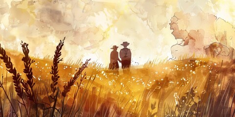 Two figures stand hand in hand in a golden field adorned with flowers representing unity and celebration during Shavuot. The warm sunlit atmosphere conveys a sense of joy and festival spirit