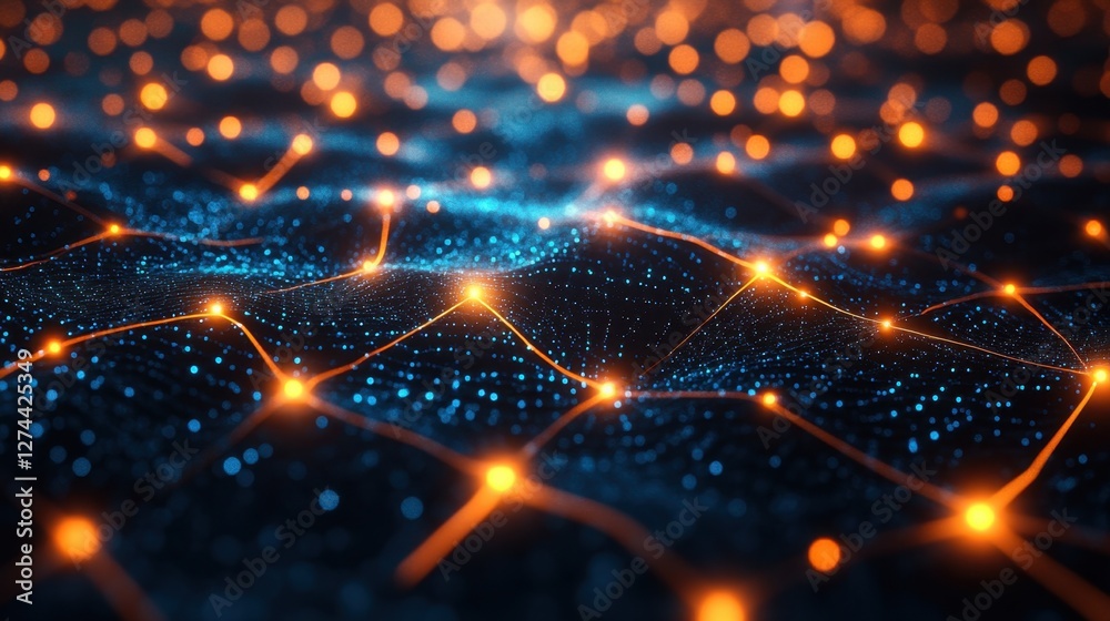 Poster abstract network connection with glowing nodes and lines on a dark blue background creating a futuri