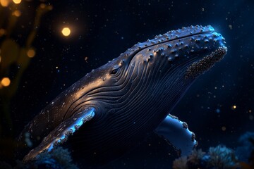 Humpback whale breaches the ocean with glowing bioluminescence at dusk. Generative AI