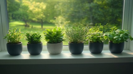 A collection of vibrant potted plants sits on a windowsill, with a lush green view outside. The image evokes a sense of freshness and tranquility