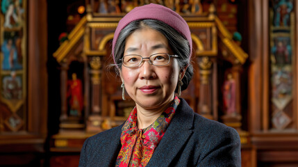 Asian mature female in elegant attire with religious altar background