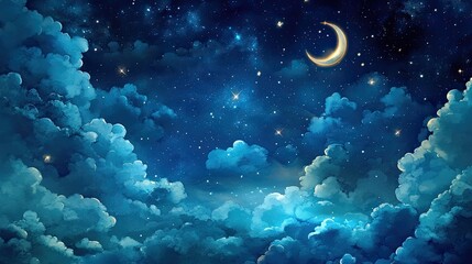 Dreamy watercolor painting of floating night sky elements Soft blue clouds, glowing stars, and a crescent moon in a gentle cosmic scene.