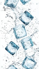 Refreshing Splash of Crystal Clear Blue Ice Cubes in Sparkling Water on White Background