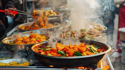 Explore a lively street food festival with an array of steaming dishes showcasing rich colors and aromas. A tantalizing selection of culinary delights awaits in the outdoor atmosphere