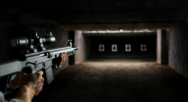 Shooter aiming a rifle at targets in a dark shooting range