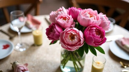 elegant dining table centerpiece with pink peonies, refined celebration setting for special occasions, floral decor