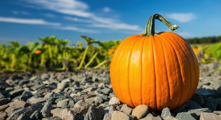 Vibrant orange pumpkin resting on rocky ground with a blue sky backdrop