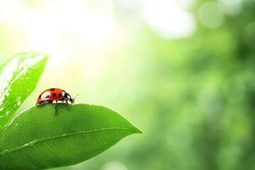 Obraz premium macro shot of ladybug crawling on fresh green leaf
