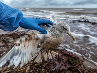 A polluted seagull covered in oil is on a contaminated beach, struggling to move. A rescuer wearing protective gloves carefully handles the bird, highlighting the impact of environmental disasters. 