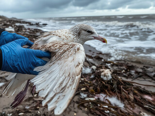 A polluted seagull covered in oil is on a contaminated beach, struggling to move. A rescuer wearing protective gloves carefully handles the bird, highlighting the impact of environmental disasters. 