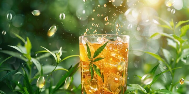 A refreshing glass of CBD iced tea swirls with tea leaves and sparkling droplets set against a lush green backdrop evoking a serene moment for relaxation