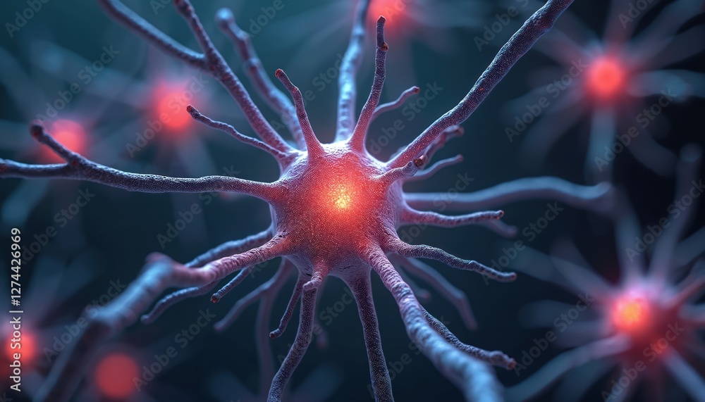 Poster Illustration of neuron cells sending electrical signals in brain for neural activities. Nerve cell network connection anatomy neurology. Biological futuristic pathways for medicine, microscopic