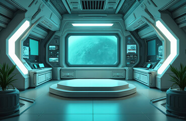 AI illustration of spaceship laboratory with empty podium for product presentation. Space tech and science fiction concept. Futuristic interior of spacecraft cabin with planet view from big window.