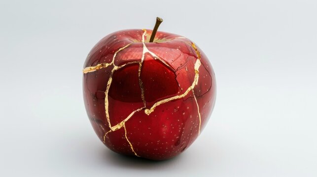 A Kintsugi-repaired apple gleams with delicate gold lines on its vibrant red skin. Set against a pure white background it symbolizes beauty in imperfection and the art of embracing flaws
