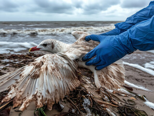 A polluted seagull covered in oil lies on a contaminated beach, struggling to move. A rescuer  blue protective gloves carefully handles the bird, highlighting the impact of environmental disasters.