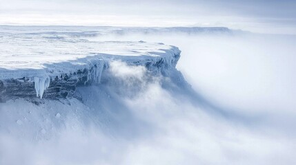 Majestic Ice Cliff Under Heavy Snowfall and Whiteout Conditions