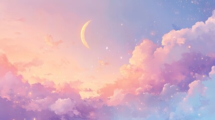 Fototapeta premium Fantasy-style clouds and moon in a starry night sky Watercolor-style fluffy clouds surrounding a bright crescent moon and tiny golden stars.