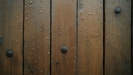Fototapeta premium Close Up of Detailed Brown Wooden Planks with Silver Rivets and Water Droplets