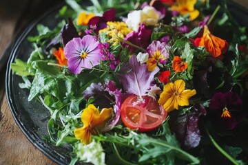 Obraz premium artisanal salad composition with fresh greens, edible flowers, and heirloom vegetables in natural window light