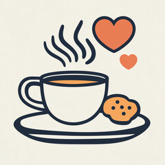 Stylized illustration of a steaming cup of coffee or tea on a saucer, accompanied by a cookie. There are two red hearts above the cup, suggesting warmth or affection. Isolated.