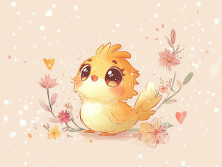 An adorable baby chick with big sparkling eyes stands among delicate flowers in a dreamy, pastel-colored background. The soft lighting, floating hearts, and gentle glow create a warm atmosphere. 