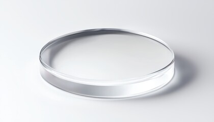 A transparent circular lens resting on a light background, showcasing a clean and simple design.