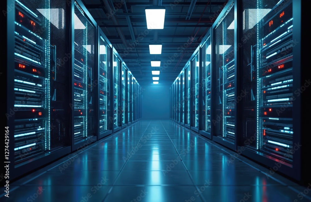 Aufkleber illustration of server racks in data center. hosting platform provides internet content with network