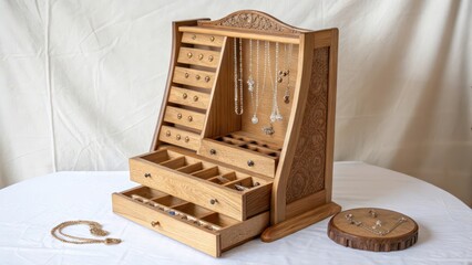 Wooden Jewelry Organizer with Drawers and Hanging Section on White Background