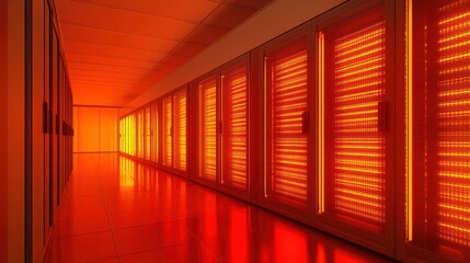 Fototapeta premium Illuminated Server Room Corridor Displays Bright Red Lights