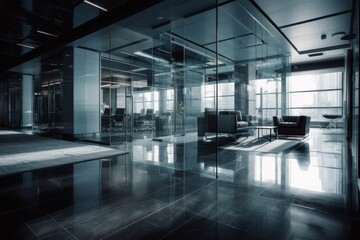 Sleek financial theme  a modern corporate office with glass reflections and a cold aesthetic