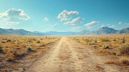 Fototapeta premium Tranquil desert landscape with a winding dirt road leading to distant mountains under a clear blue sky