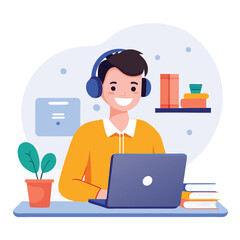 man in headphones, studying at laptop. Happy female student watching business webinar. Video conference call, remote work communication. Flat vector illustration isolated on white background
