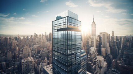 Naklejka premium Commercial real estate deal in front of skyscraper with sold banner amidst city skyline